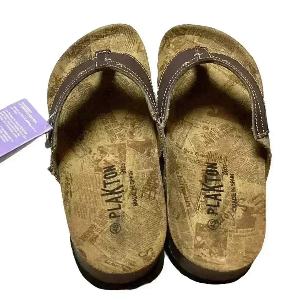 Plakton Women 10.5 43 Leather Cork Flat Thong Slide Sanals Brown Embroidery NEW - Picture 5 of 7